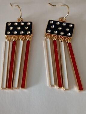 Gold-Tone Black, Red & White Dangle Earrings with Crystal Studs